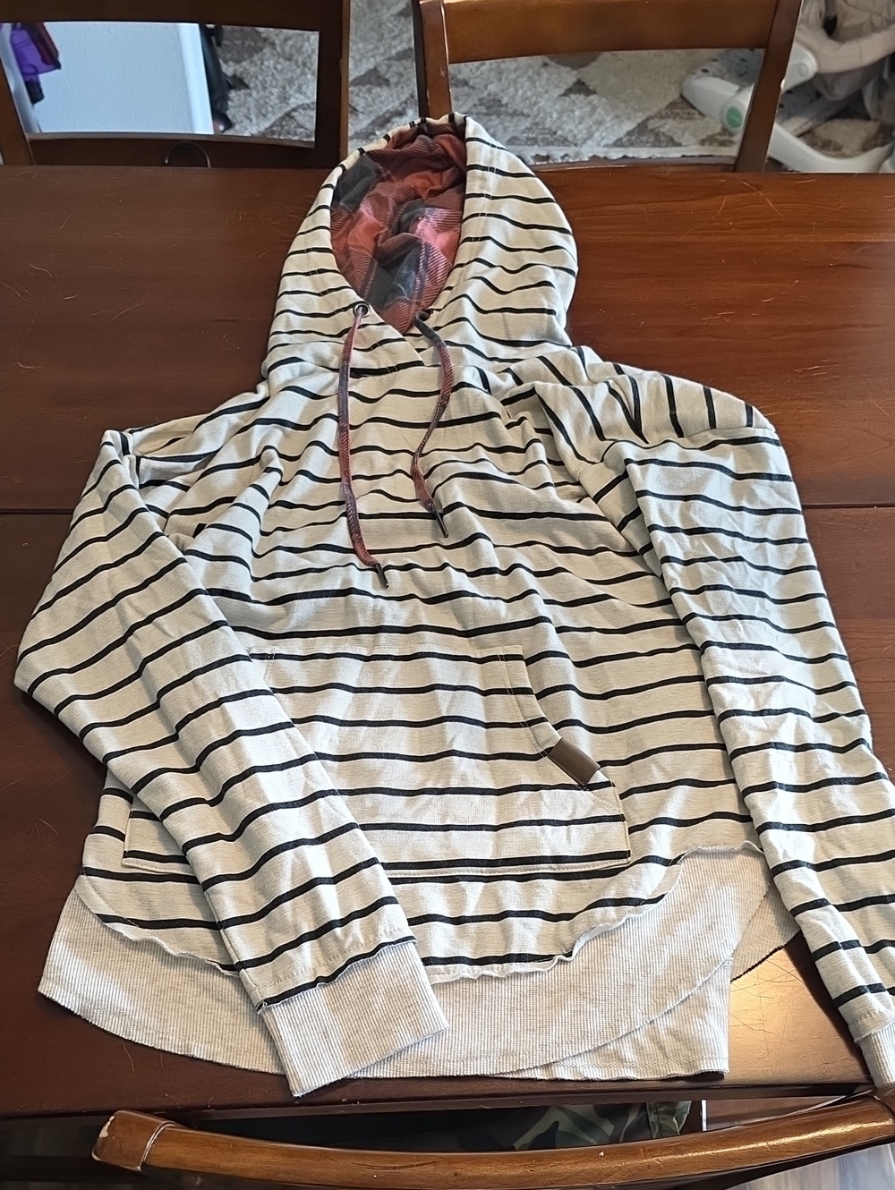 Maurices Cream and Black Striped Hooded Sweater with Red Plaid Lining Oversized